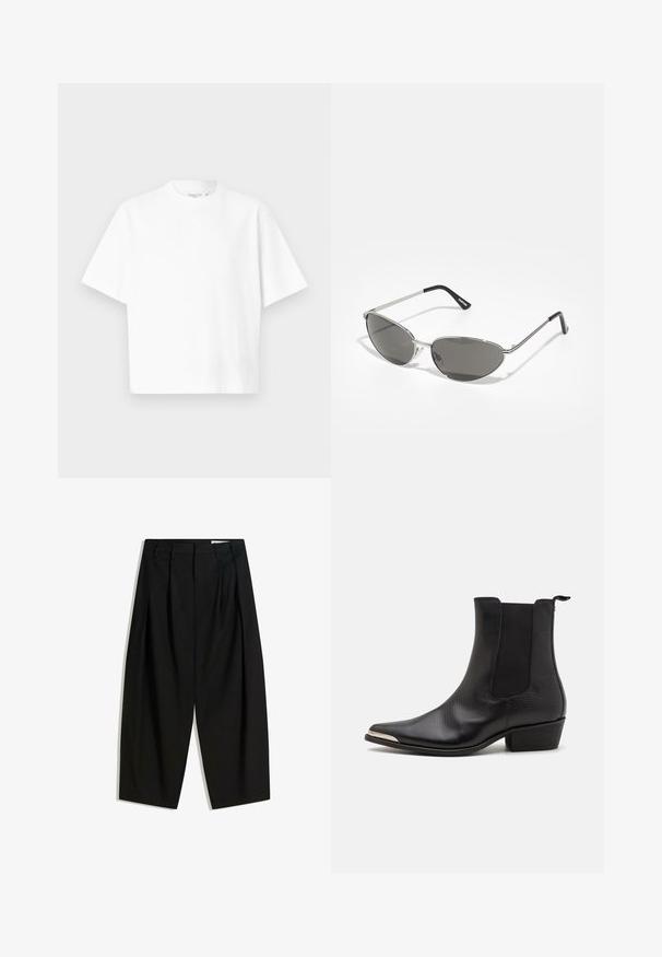 Black jacket made of textured fabric, featuring a full front zip, collar, and elastic cuffs with a relaxed fit and side pockets.; White cotton t-shirt with a crew neck, short sleeves, boxy fit, and smooth texture. No visible prints or graphics.; Black, high-waisted trousers with a wide, cropped leg, featuring pleats at the front for added texture and structure.; Black ankle boots made from textured leather with a pointed toe, elastic side panels, a back pull tab, and a low block heel.; Sunglasses with a sleek, silver metal frame, gray tinted lenses, and an aerodynamic design featuring pointed edges and thin arms.