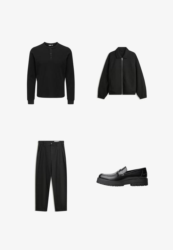 Črna jakna iz teksturirane tkanine, z dvostranskim zadrgo spredaj, ovratnikom in elastičnimi manšeti, sproščenega kroja in stranskimi žepi.; Črna dolga majica s kratkimi rokavi henley iz teksturirane tkanine, s tremi gumbi, okroglim ovratnikom in prilegajočimi manšetami.; Črne bombažne hlače s sproščenim krojem, ki vključujejo klasičen pas, sprednje gube in stranske žepke. Gladka tekstura brez vzorcev.; Črne usnjene loafersice s debelim profiliranim podplatom in dekorativnim pasom čez zgornji del, prikazane v levem stranskem profilu na beli podlagi.