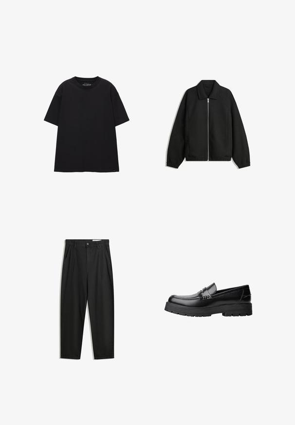 Čierna bunda vyrobená z textúrovaného materiálu, s plným predným zipsom, golierom a elastickými manžetami, so voľnejším strihom a bočnými vreckami.; Čierne voľné tričko z bavlny. Má okrúhly výstrih, krátke rukávy a jednoduchý dizajn bez vzorov alebo akcentov.; Čierne bavlnené nohavice s voľným strihom, s klasickým pásom, prednými záhybmi a bočnými vreckami. Hladká textúra bez vzorov.; Čierne kožené mokasíny s masívnou podrážkou a dekoratívnym pásom cez hornú časť, zobrazené z ľavého bočného profilu na bielom pozadí.