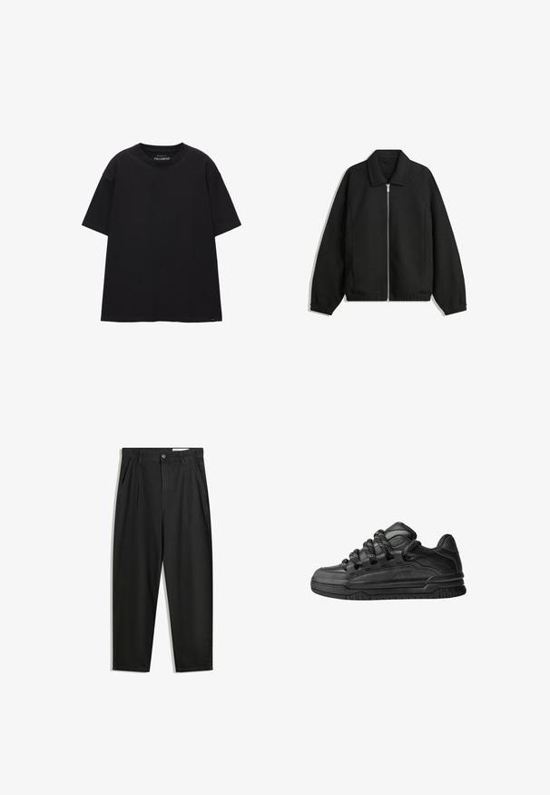 Jachetă neagră dintr-un material texturat, cu fermoar frontal complet, guler și manșete elastice, având o croială lejeră și buzunare laterale.; Tricou negru, lejer, din bumbac. Dispune de un guler rotund, mâneci scurte și un design simplu, fără modele sau accente.; Pantaloni negri din bumbac cu croială lejeră, având un brâu clasic, plii frontale și buzunare laterale. Textură netedă fără modele.; Adidași negri cu o parte superioară din piele netedă, accente texturate și șireturi rotunde negre și albe. Talpă groasă din cauciuc cu un profil texturat.