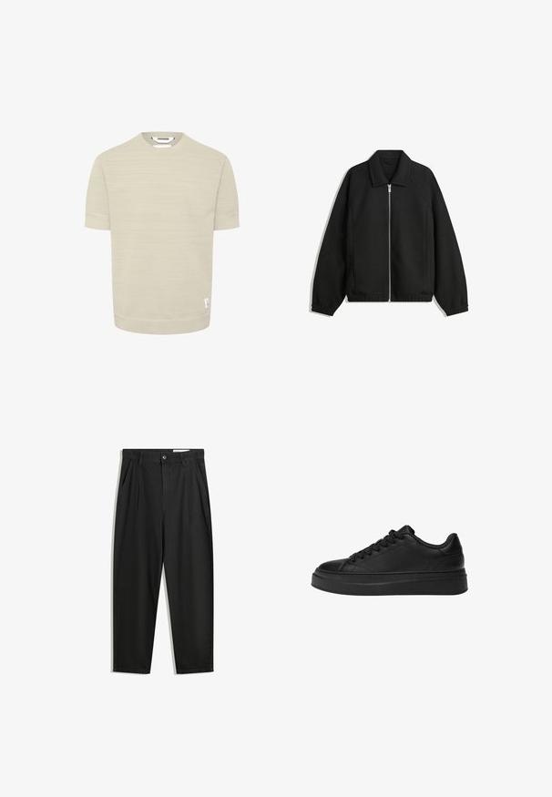 Čierna bunda vyrobená z textúrovaného materiálu, s plným predným zipsom, golierom a elastickými manžetami, so voľnejším strihom a bočnými vreckami.; Svetlozelené tričko s krátkym rukávom s textúrovaným vzorom, okrúhlym výstrihom a malou bielou visačkou na leme. Mäkký materiál z bavlneného zmesi.; Čierne bavlnené nohavice s voľným strihom, s klasickým pásom, prednými záhybmi a bočnými vreckami. Hladká textúra bez vzorov.; Čierne tenisky vyrobené z hladkej kože, s okrúhlou špičkou, hrubou platformovou podrážkou a tradičným šnurovaním so šiestimi očkami.