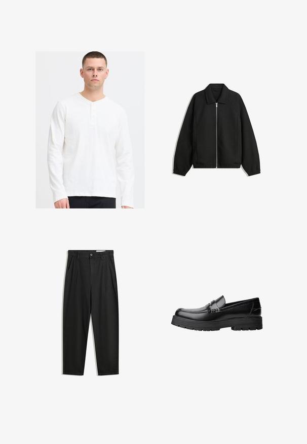Sort jakke lavet af struktureret stof, med fuld frontlynlås, krave og elastiske mansjetter, i en afslappet pasform og sidelommer.; Langærmet hvid henley skjorte lavet af blødt stof med V-halsudskæring og tre-knap placket. Enkel, tekstureret design med en afslappet pasform.; Sorte bomuldsbukser med en afslappet pasform, der har en klassisk talje, frontfolder og sidelommer. Glat tekstur uden mønstre.; Sort læderloafer med kraftig sål og dekorativ rem henover, vist i venstre sideprofil på hvid baggrund.