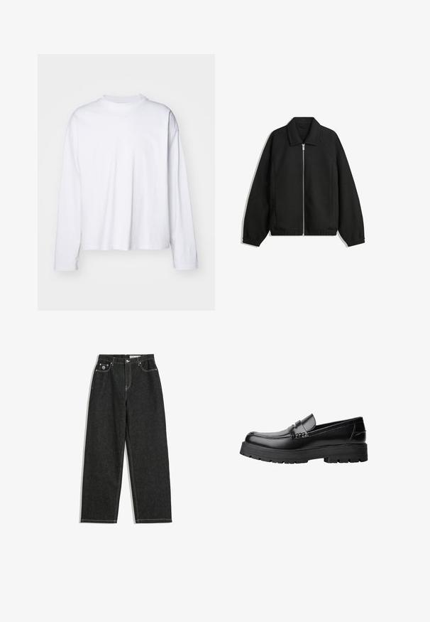 Jachetă neagră dintr-un material texturat, cu fermoar frontal complet, guler și manșete elastice, având o croială lejeră și buzunare laterale.; Weekday GREAT BOXY LONG SLEEVE - Bluză cu mânecă lungă - white; Jeanși negri cu picioare drepte, cusături albe, design cu cinci buzunare, închidere cu nasture și fermoar, și un mic logo pe buzunarul din dreapta față.; Mocasini din piele neagră, cu talpă groasă și profilată și bandă decorativă pe partea superioară, prezentati din profil stâng pe fundal alb.