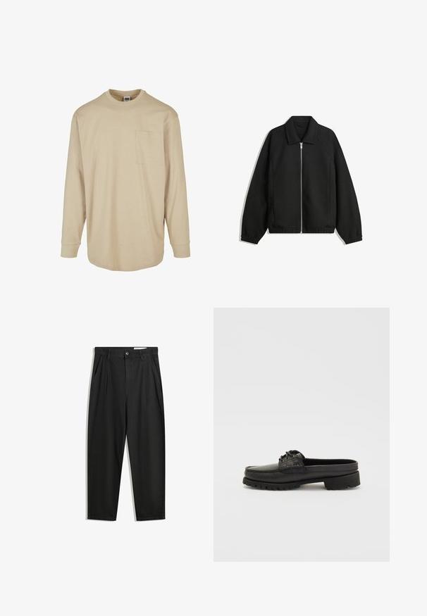 Black jacket made of textured fabric, featuring a full front zip, collar, and elastic cuffs with a relaxed fit and side pockets.; Beige long-sleeve T-shirt made of cotton. Features a crew neckline, a left chest pocket, and standard cut with lined cuffs.; Black cotton trousers with a relaxed fit, featuring a classic waistband, front pleats, and side pockets. Smooth texture without patterns.; Black leather slip-on shoe with lace detail, rounded toe, and textured sole. Features a slightly elevated heel and smooth finish.