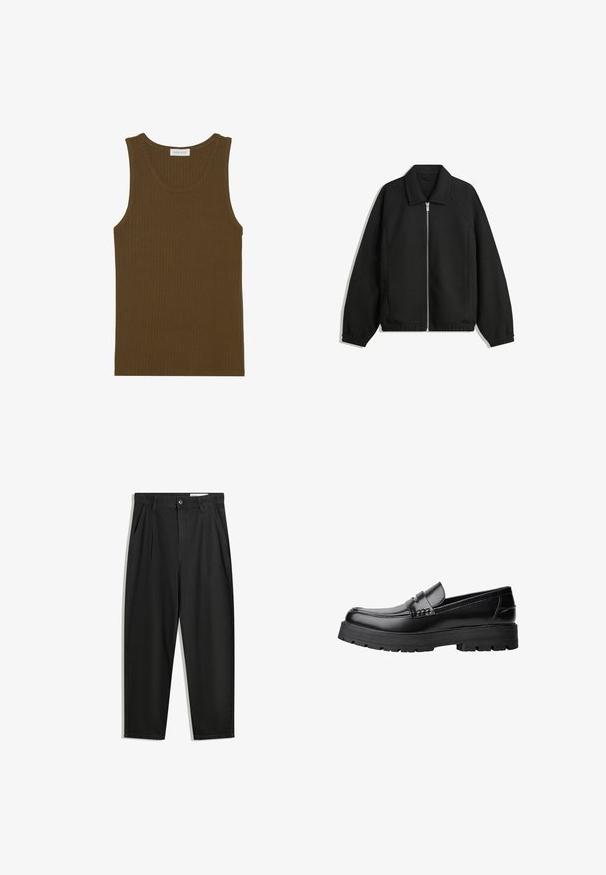 Jachetă neagră dintr-un material texturat, cu fermoar frontal complet, guler și manșete elastice, având o croială lejeră și buzunare laterale.; Tricou fără mâneci, cu model ribbed, de culoare verde măsliniu închis, având un guler rotund și margini finisate, cu o textură moale.; Pantaloni negri din bumbac cu croială lejeră, având un brâu clasic, plii frontale și buzunare laterale. Textură netedă fără modele.; Mocasini din piele neagră, cu talpă groasă și profilată și bandă decorativă pe partea superioară, prezentati din profil stâng pe fundal alb.