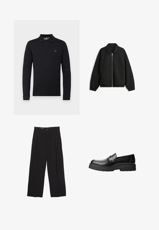 Svart jacka i strukturerad tyg, med full dragkedja framtill, krage och elastiska muddar, med en avslappnad passform och sidofickor.; Timberland MILLERS RIVER MILLERS RIVER - Långärmad tröja - black; Svarta vida byxor tillverkade av mjukt tyg, med platt midjeband, framfåll och en enkel knappstängning.; Svart läderloafer med kraftig mönstrad sula och dekorativ rem över framtill, visad i vänster sidoprofil på vit bakgrund.