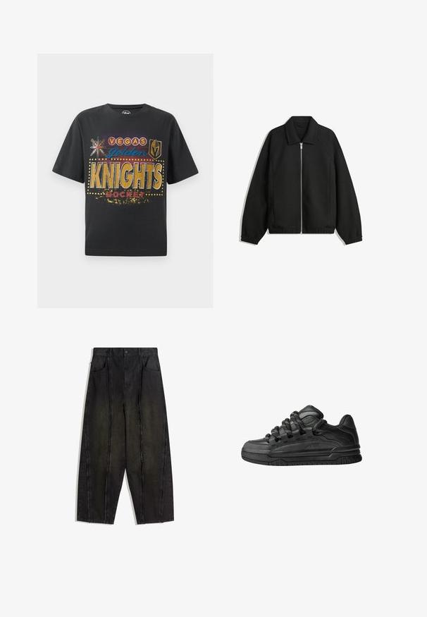 Czarna kurtka z teksturowanej tkaniny, z pełnym zamkiem z przodu, kołnierzem i elastycznymi mankietami, o luźnym kroju i kieszeniach po bokach.; Czarny bawełniany T-shirt z napisem "Vegas Golden Knights Hockey" w kolorach złotym, niebieskim i czerwonym, z ikonami gwiazdy i tarczy oraz kropkowanymi akcentami.; Czarne szerokie spodnie dżinsowe z widocznymi szwami i postrzępionymi krawędziami, z dwoma przednimi kieszeniami i wysokim stanem.; Czarne sneakersy z gładką skórzaną cholewką, teksturowanymi akcentami i okrągłymi czarno-białymi sznurowadłami. Gruba gumowa podeszwa z wzorzystym bieżnikiem.