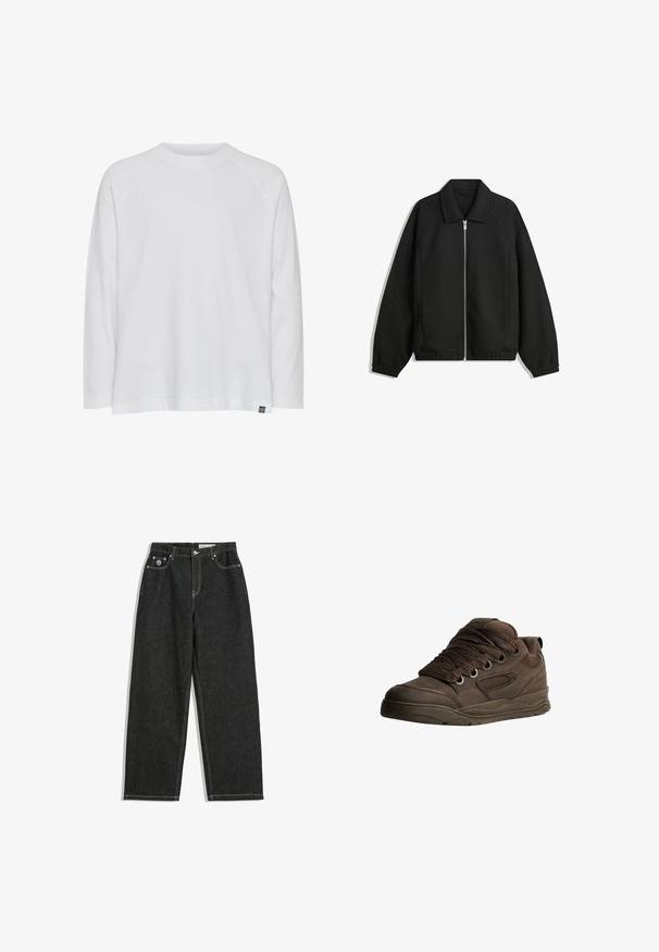 Sort jakke lavet af struktureret stof, med fuld frontlynlås, krave og elastiske mansjetter, i en afslappet pasform og sidelommer.; Hvid langærmet t-shirt med rund halsudskæring, et afslappet fit og raglanærmer. Lavet af blødt bomuldsstof; har et lille brandlabel.; Sorte straight-leg jeans med hvid syning, fem lomme-design, knap- og lynlåslukning samt et lille logo på den frontale højre lomme.; Brune sportsko lavet af glat syntetisk materiale. Har tykke snørebånd, mesh-detaljer, polstret krave og struktureret gummisål.