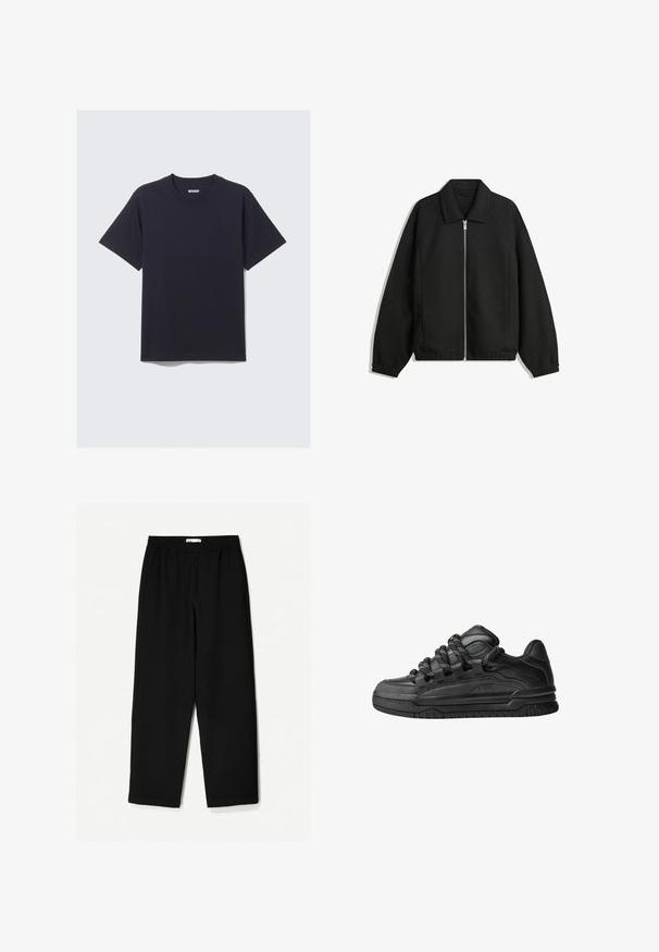 Fekete kabát texturált anyagból, teljes elöl cipzárral, gallérral és rugalmas mandzsettákkal, laza szabással és oldalsó zsebekkel.; Fekete pamut póló kerek nyakkal, rövid ujjakkal és kényelmes szabással. Egyszerű design jellemzi, minta vagy látható fémalkatrészek nélkül.; Fekete, bő szárú nadrág könnyű anyagból. Rugalmas derékrésszel és sima felülettel rendelkezik. Nincsenek látható minták vagy hardverelemek.; Fekete sportcipők sima bőrből készült felső résszel, struktúrált kiegészítőkkel, valamint kerek fekete és fehér fűzőkkel. Vastag gumitalp mintázott bordázattal.