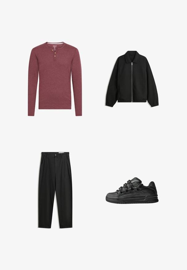 Black jacket made of textured fabric, featuring a full front zip, collar, and elastic cuffs with a relaxed fit and side pockets.; Long-sleeve, burgundy henley shirt made from soft fabric, featuring a rounded neckline and three wooden buttons at the placket.; Black cotton trousers with a relaxed fit, featuring a classic waistband, front pleats, and side pockets. Smooth texture without patterns.; Black sneakers with a smooth leather upper, textured accents, and round black and white laces. Thick rubber sole with a patterned tread.