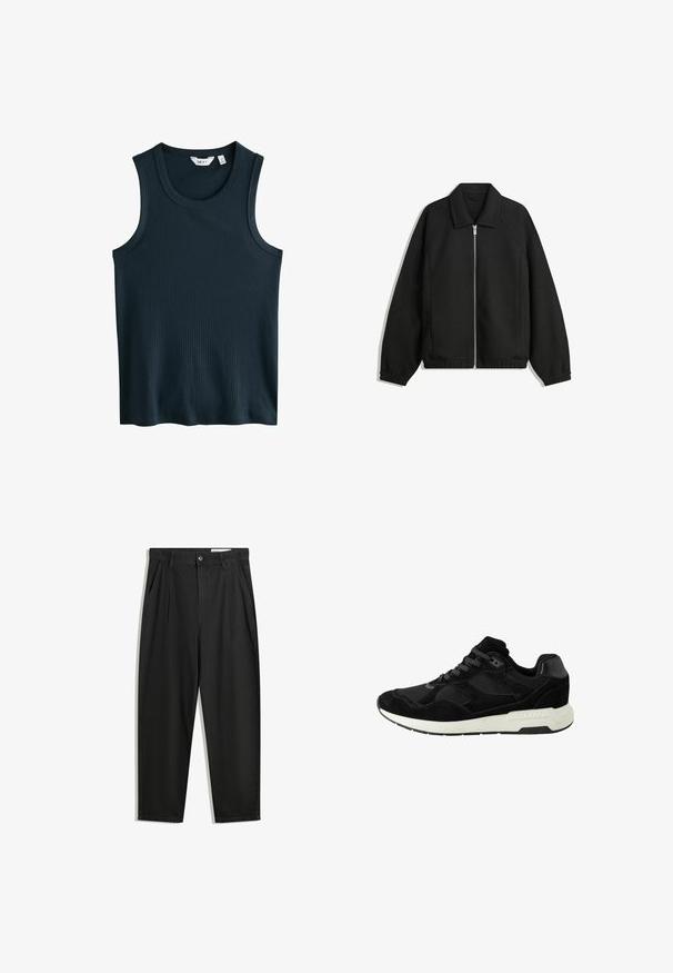 Čierna bunda vyrobená z textúrovaného materiálu, s plným predným zipsom, golierom a elastickými manžetami, so voľnejším strihom a bočnými vreckami.; Tmavomodrý rebrovaný top bez rukávov s okrúhlym výstrihom a širokými ramienkami. Žiadne viditeľné vzory ani akcenty. Vyrobený z jemného, pružného materiálu.; Čierne bavlnené nohavice s voľným strihom, s klasickým pásom, prednými záhybmi a bočnými vreckami. Hladká textúra bez vzorov.; Čierna atletická obuv vyrobená zo semišu a sieťoviny, s okrúhlou špičkou, šnurovaním a bielou gumovou podrážkou s textúrovanými akcentmi.