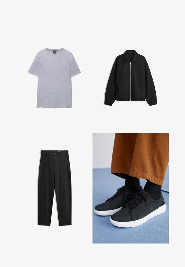 Musta takki, joka on valmistettu teksturoidusta kankaasta ja jossa on koko etuvetoketju, kaulus ja joustavat hihansuut. Takissa on rento istuvuus ja sivutaskut.; Harmaa lyhythihainen t-paita, joka on valmistettu puuvillasta. Siinä on pyöreä kaula-aukko ja rento istuvuus. Yksinkertainen muotoilu ilman kuvioita tai yksityiskohtia.; Mustat puuvillahousut rentoa mallia, joissa on klassinen vyötärö, etukangastukset ja sivutaskut. Sileä pinta ilman kuvioita.; Musta mokkanahkakengät valkoisilla kumipohjilla, joissa on nauhakiinnitys, teksturoituja yksityiskohtia ja huomaamatonta brändäystä, yhdistettynä ruskeisiin housuihin.