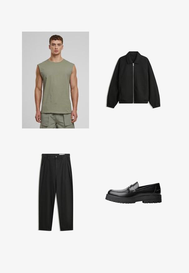 Schwarze Jacke aus strukturiertem Stoff, mit vollem Reißverschluss auf der Vorderseite, Kragen und elastischen Manschetten, im entspannten Schnitt und mit seitlichen Taschen.; Urban Classics OPEN EDGE SLEEVELESS - Top - paleolive; Schwarze Baumwollhose mit lockerem Schnitt, ausgestattet mit einem klassischen Bund, vorderen Falten und Seiten taschen. Glatte Textur ohne Muster.; Schwarzer Lederloafer mit grobem, rutschfestem Sohlenprofil und dekorativem Riemen über der Oberseite, seitlich links auf weißem Hintergrund abgebildet.