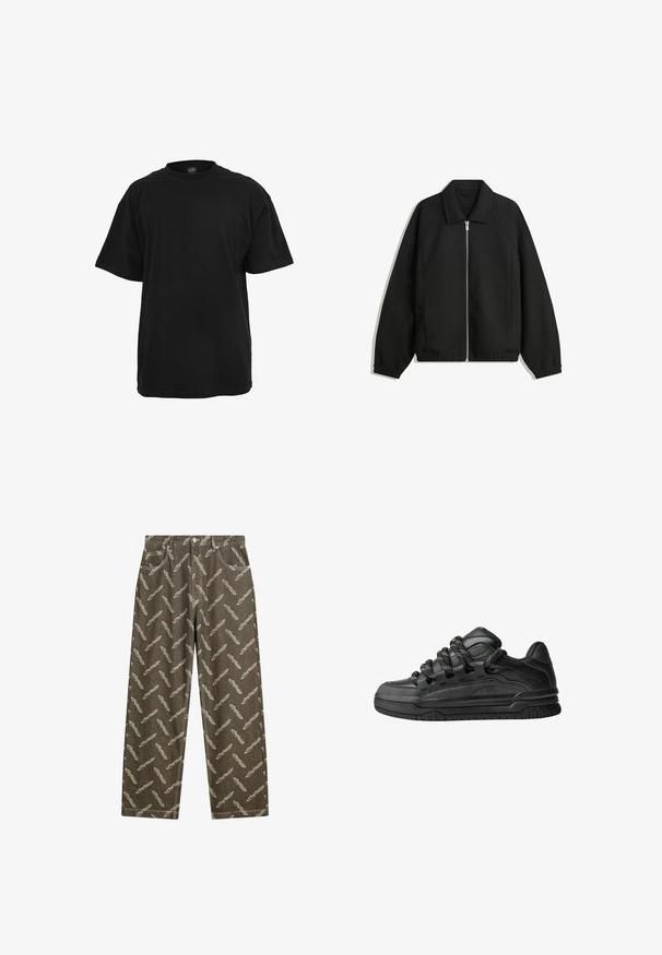 Čierna bunda vyrobená z textúrovaného materiálu, s plným predným zipsom, golierom a elastickými manžetami, so voľnejším strihom a bočnými vreckami.; Čierne bavlnené tričko s voľným strihom, krátkymi rukávmi, okrúhlym výstrihom a hladkou, rovnomernou textúrou. Žiadne viditeľné logá ani vzory.; Khaki denimové nohavice s celoplošným motívom pierok v svetlej béžovej farbe. Voľný strih so štandardnými vreckami a detailmi kontrastného stehu.; Čierne tenisky s hladkým koženým zvrškom, štruktúrovanými akcentami a okrúhlymi čierno-bielymi šnúrkami. Hrubá gumená podrážka s vzorovaným dezénom.