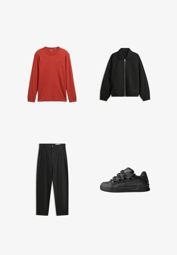 Crna jakna izrađena od teksturirane tkanine, s punim prednjim zatvaračem, ovratnikom i elastičnim manžetama, opuštenog kroja i bočnim džepovima.; Majica dugih rukava u prigušenoj crvenoj boji, izrađena od mekanog materijala. Ima okrugli izrez i mali logotip na prsima. Regularna kroja.; Crne pamučne hlače s opuštenim krojem, s klasičnim pojasom, prednjim nabranjima i bočnim džepovima. Glatka tekstura bez uzoraka.; Crne tenisice s glatkom kožnom gornjom površinom, teksturiranim detaljima i okruglim crnim i bijelim vezicama. Debeli gumeni potplat s uzorkom.