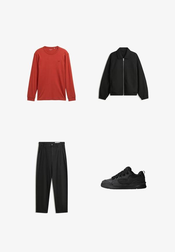 Črna jakna iz teksturirane tkanine, z dvostranskim zadrgo spredaj, ovratnikom in elastičnimi manšeti, sproščenega kroja in stranskimi žepi.; Majica s dolgimi rokavi v umirjeni rdeči barvi, izdelana iz mehkega materiala. Ima okroglo izreza in majhen logotip na prsih. Redna prileganja.; Črne bombažne hlače s sproščenim krojem, ki vključujejo klasičen pas, sprednje gube in stranske žepke. Gladka tekstura brez vzorcev.; Črne superge z teksturiranim zgornjim delom, opremljene z vezalkami, mrežastimi dodatki za zračnost, oblazinjenim ovratnikom in trdnim podplatom.