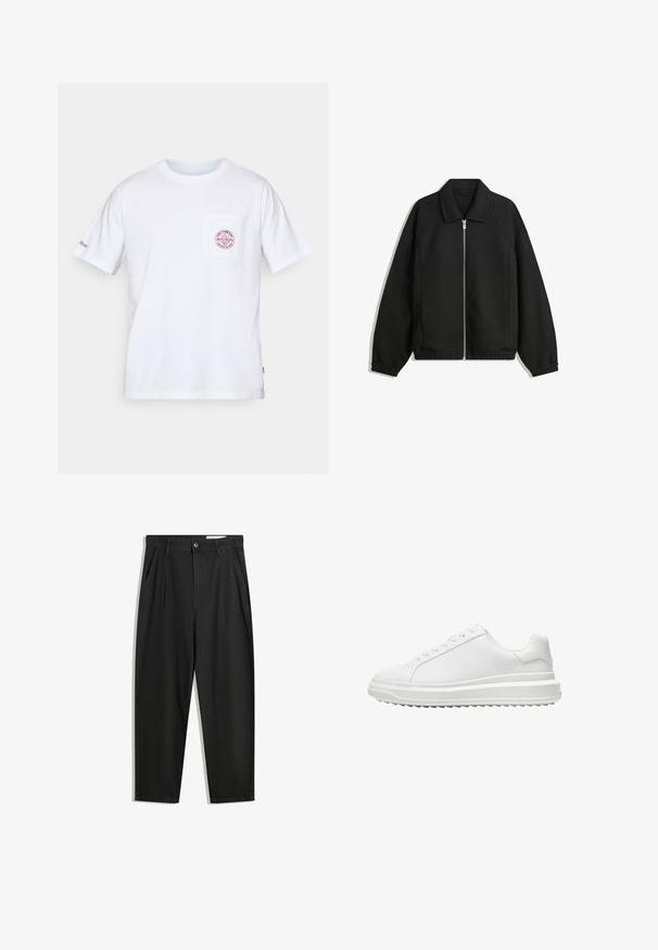 Zwarte jas van textuurstof, met een volledige rits aan de voorkant, een kraag, elastische manchetten, een ontspannen pasvorm en zijzakken.; Witte katoenen T-shirt met een ronde hals, korte mouwen en een borstzak met een rood en blauw logo ontwerp. Standaard pasvorm.; Zwarte katoenen broeken met een losse pasvorm, voorzien van een klassieke tailleband, voorplooien en zijzakken. Gladde structuur zonder patronen.; Witte sneaker met een glad synthetisch bovenwerk, ronde neus, platte veters, gestructureerde zool en een gelaagd, platformontwerp voor extra hoogte.