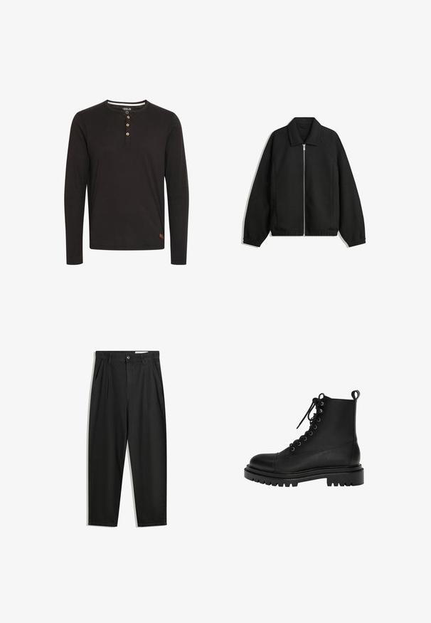 Črna jakna iz teksturirane tkanine, z dvostranskim zadrgo spredaj, ovratnikom in elastičnimi manšeti, sproščenega kroja in stranskimi žepi.; Črna majica z dolgimi rokavi iz mehkega blaga, z okroglim izrezom, gumbastim zapenjanjem z lesenimi gumbi in majhno oznako na robu.; Črne bombažne hlače s sproščenim krojem, ki vključujejo klasičen pas, sprednje gube in stranske žepke. Gladka tekstura brez vzorcev.; Črne usnjene gležnjarje z zaobljenim nosom, vezalnim sprednjim delom, kovinskimi luknjicami in grobim, teksturiranim gumijastim podplatom.