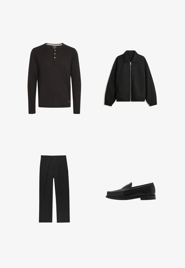 Svart jacka i strukturerad tyg, med full dragkedja framtill, krage och elastiska muddar, med en avslappnad passform och sidofickor.; Svart långärmad skjorta i mjukt tyg, med rund halsringning, knäppning med träknappar och en liten logotag vid fållen.; Svarta byxor med rak ben-design, tillverkade av ett jämnt tyg. Har framfickor och en enkel knapplåsning i midjan.; Mango Business slip-ins - black