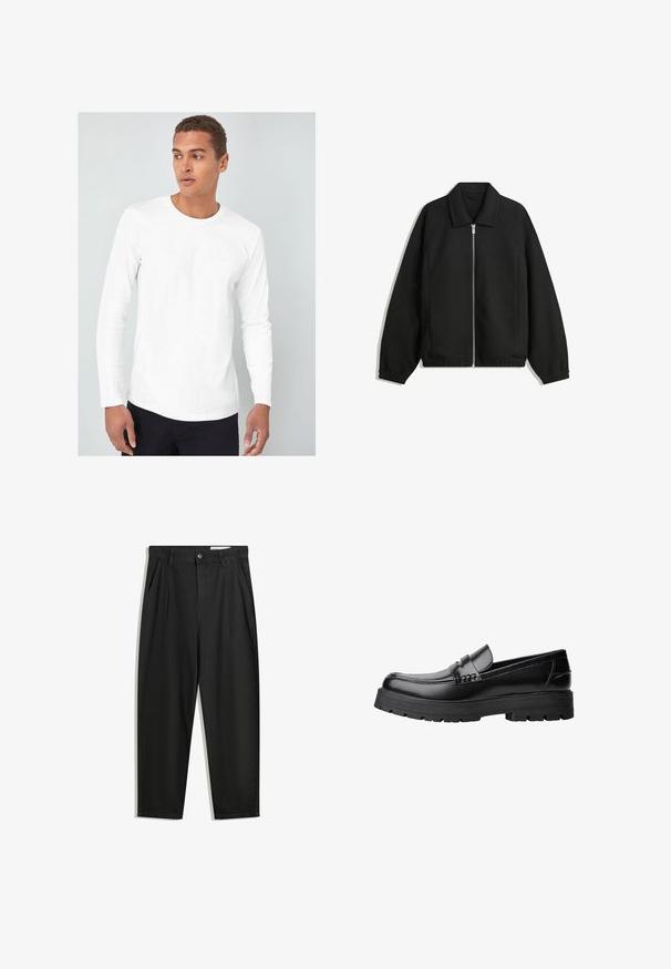 Črna jakna iz teksturirane tkanine, z dvostranskim zadrgo spredaj, ovratnikom in elastičnimi manšeti, sproščenega kroja in stranskimi žepi.; Bela bluza z dolgimi rokavi in zaobljenim izrezom, izdelana iz gladkega bombažnega materiala, jo nosi model proti svetli podlagi.; Črne bombažne hlače s sproščenim krojem, ki vključujejo klasičen pas, sprednje gube in stranske žepke. Gladka tekstura brez vzorcev.; Črne usnjene loafersice s debelim profiliranim podplatom in dekorativnim pasom čez zgornji del, prikazane v levem stranskem profilu na beli podlagi.