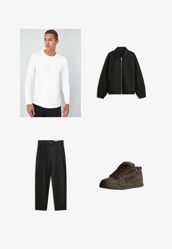 Čierna bunda vyrobená z textúrovaného materiálu, s plným predným zipsom, golierom a elastickými manžetami, so voľnejším strihom a bočnými vreckami.; Biela košeľa s dlhým rukávom a zaobleným výstrihom, vyrobená z hladkej bavlnenej látky, oblečená modelom na svetlom pozadí.; Čierne bavlnené nohavice s voľným strihom, s klasickým pásom, prednými záhybmi a bočnými vreckami. Hladká textúra bez vzorov.; Hnedé športové topánky vyrobené z hladkého syntetického materiálu. Vybavené hrubými šnúrkami, mriežkovými akcentmi, vycpaným golierom a textúrovanou gumovou podrážkou.