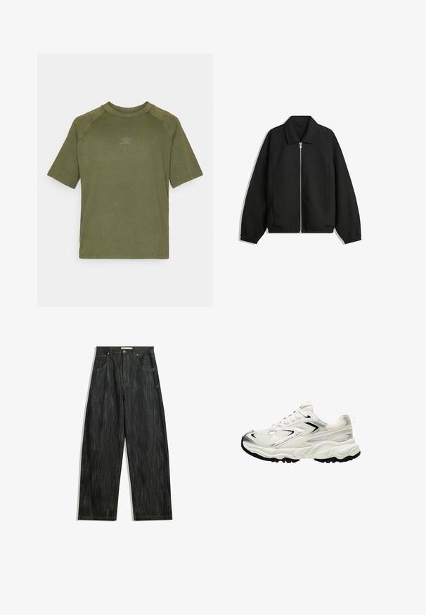 Črna jakna iz teksturirane tkanine, z dvostranskim zadrgo spredaj, ovratnikom in elastičnimi manšeti, sproščenega kroja in stranskimi žepi.; Olivnozeleni kratki majica s kratkimi rokavi iz bombaža, z okroglim izrezom in majhnim sivo logotipom na sredini prsnega dela. Gladka tekstura.; Temno modri džins hlače z ohlapnim krojem, ki imajo subtilno vertikalno teksturo, rumene niti, pet žepov in klasično gumbasto zapiranje.; Bele superge z mrežasto zgornjico, srebrnimi poudarki, črnim podplatom in teksturiranimi paneli. Imajo vezalni dizajn in okroglo obliko nosu.