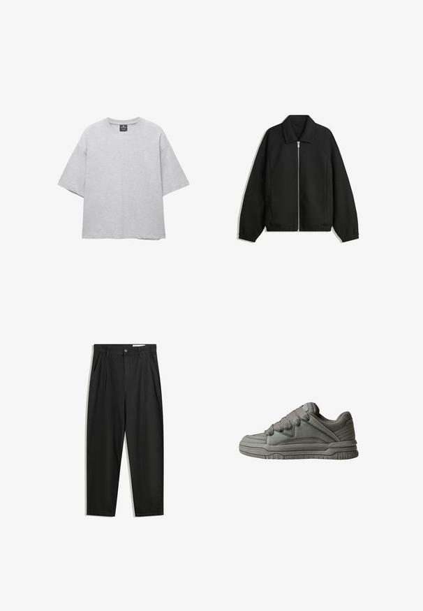 Schwarze Jacke aus strukturiertem Stoff, mit vollem Reißverschluss auf der Vorderseite, Kragen und elastischen Manschetten, im entspannten Schnitt und mit seitlichen Taschen.; Hellgraues, oversized T-Shirt aus einem Baumwollmischgewebe, mit einem runden Ausschnitt und kurzen, weiten Ärmeln. Einfaches Design, keine Muster.; Schwarze Baumwollhose mit lockerem Schnitt, ausgestattet mit einem klassischen Bund, vorderen Falten und Seiten taschen. Glatte Textur ohne Muster.; Grau Sport-Schuh mit strukturiertem Leder- und Mesh-Obermaterial, dickem Gummisohle sowie auffälliger gepolsterter Zunge und Seiten. Schnürsenkel und seitliche Akzente inklusive.