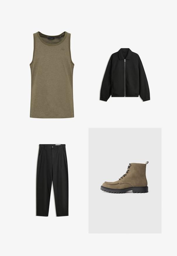 Svart jacka i strukturerad tyg, med full dragkedja framtill, krage och elastiska muddar, med en avslappnad passform och sidofickor.; Olivgrön linne i ett mjukt, andningsbart tyg. Har rund halsringning och diskret logobroderi på bröstet.; Svarta bomullsshorts med avslappnad passform, med en klassisk midja, framveck och sidfickor. Slät textur utan mönster.; Tanmocka stövel med svart gummisula, rund tå, snörning framtill och kontrasterande sömmar. Har en ögla vid hälen för enkel påklädning.