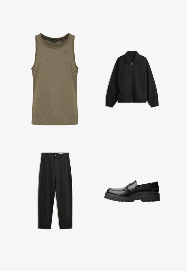 Crna jakna izrađena od teksturirane tkanine, s punim prednjim zatvaračem, ovratnikom i elastičnim manžetama, opuštenog kroja i bočnim džepovima.; Olive zelena majica bez rukava od mekog, prozračnog materijala. Ima okrugli izrez i diskretnu vezenu oznaku na prsima.; Crne pamučne hlače s opuštenim krojem, s klasičnim pojasom, prednjim nabranjima i bočnim džepovima. Glatka tekstura bez uzoraka.; Crna kožna mokasina s debelim potplatima i dekorativnom trakom preko gornjeg dijela, prikazana u lijevom bočnom profilu na bijeloj pozadini.