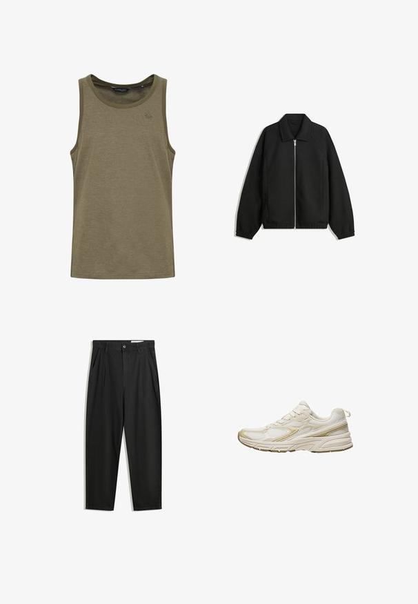 Zwarte jas van textuurstof, met een volledige rits aan de voorkant, een kraag, elastische manchetten, een ontspannen pasvorm en zijzakken.; Olijfgroene tanktop van een zachte, ademende stof. Heeft een ronde halslijn en subtiele geborduurde logo op de borst.; Zwarte katoenen broeken met een losse pasvorm, voorzien van een klassieke tailleband, voorplooien en zijzakken. Gladde structuur zonder patronen.; Witte sportieve schoenen van mesh en synthetisch materiaal, met een afgeronde neus, een gevoerde zool en beige accenten aan de zijkanten.