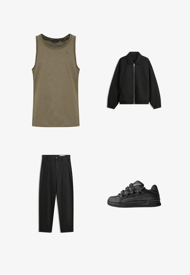 Sort jakke lavet af struktureret stof, med fuld frontlynlås, krave og elastiske mansjetter, i en afslappet pasform og sidelommer.; Oliven grøn tanktop i et blødt, åndbart stof. Har en rund halsudskæring og diskret logo broderi på brystet.; Sorte bomuldsbukser med en afslappet pasform, der har en klassisk talje, frontfolder og sidelommer. Glat tekstur uden mønstre.; Sorte sneakers med en glat læderoverdel, teksturerede accenter og runde sorte og hvide snørebånd. Tyk gummisål med et mønstret slidbanemønster.