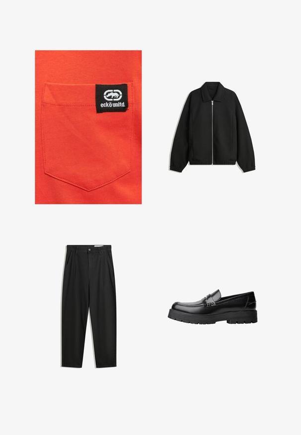 Fekete kabát texturált anyagból, teljes elöl cipzárral, gallérral és rugalmas mandzsettákkal, laza szabással és oldalsó zsebekkel.; Piros pamut ing, melyen egy felvarrt zseb található, rajta egy fekete címke az "eckō unlt'd" logóval és egy logográfikai ábrázolással.; Fekete pamut nadrág laza szabással, klasszikus derékrésszel, elülső hajtásokkal és oldalsó zsebekkel. Simább textúra minta nélkül.; Fekete bőr loaferek vastag, bordázott talppal és díszcsíkkal az upper rész felett, bal oldali profilmódban, fehér háttér előtt.
