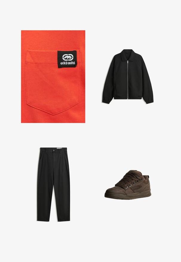 Sort jakke lavet af struktureret stof, med fuld frontlynlås, krave og elastiske mansjetter, i en afslappet pasform og sidelommer.; Rød bomulds skjorte med en syet lomme med et sort mærke, der viser "eckō unlt'd" logoet og et logo grafik.; Sorte bomuldsbukser med en afslappet pasform, der har en klassisk talje, frontfolder og sidelommer. Glat tekstur uden mønstre.; Brune sportsko lavet af glat syntetisk materiale. Har tykke snørebånd, mesh-detaljer, polstret krave og struktureret gummisål.