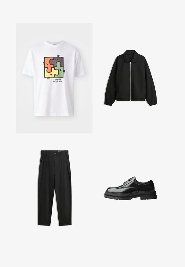 Fekete kabát texturált anyagból, teljes elöl cipzárral, gallérral és rugalmas mandzsettákkal, laza szabással és oldalsó zsebekkel.; Fehér póló, négyzet alakú puzzle grafikával, piros, zöld, sárga és fekete elemekkel. A szöveg: "az új eredetiek." Puha pamut anyag.; Fekete pamut nadrág laza szabással, klasszikus derékrésszel, elülső hajtásokkal és oldalsó zsebekkel. Simább textúra minta nélkül.; Fekete bőr cipő sima felülettel, kerek orral, hat szemlyukú fűzős kivitelben és vastag, texturált gumitalpakkal.