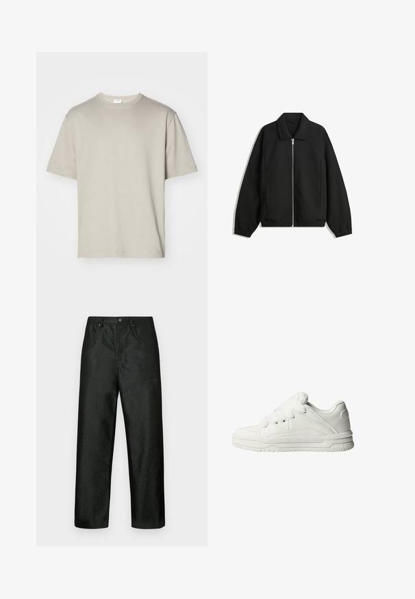 Jachetă neagră dintr-un material texturat, cu fermoar frontal complet, guler și manșete elastice, având o croială lejeră și buzunare laterale.; Filippa K HEAVY CREW NECK TEE - Tricou basic - moss grey; Pantaloni negri cu o ușoară strălucire, având un design cu picior drept, două buzunare frontale și un logo discret în partea superioară stângă.; Adidași albi cu un exterior din piele netedă, limbă căptușită, șireturi plate și accente texturate pe părțile laterale și pe toc.