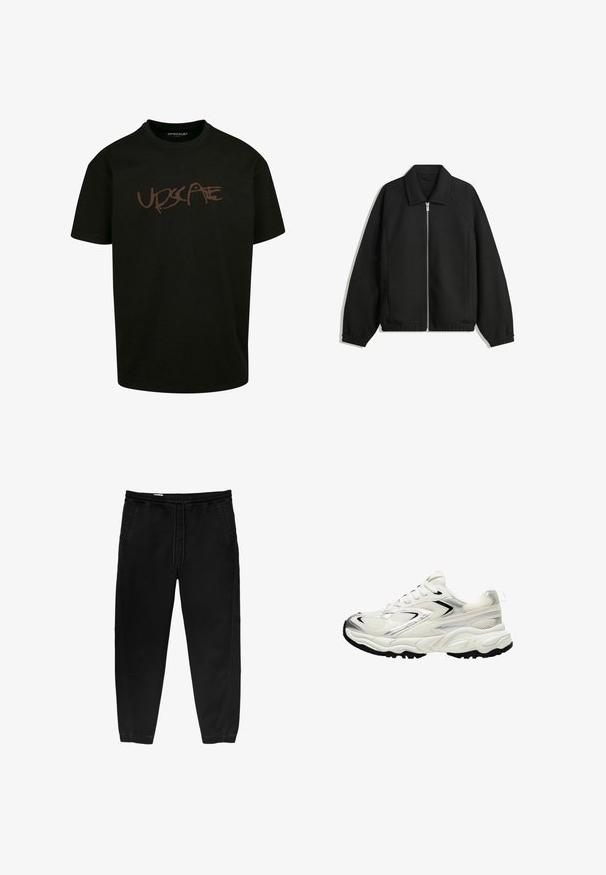 Svart jacka i strukturerad tyg, med full dragkedja framtill, krage och elastiska muddar, med en avslappnad passform och sidofickor.; Svart t-shirt i bomull med en brun tryckt logotyp "UPDSCAPE" i graffiti-liknande stil på framsidan. Korta ärmar, rund nacke.; Svarta byxor med elastisk midja och dragsko, avsmalnande ben, sidofickor och subtila sidsömsdetaljer. Mjuk bomullstyg.; Vit sneakers med ett mesh-övre, silverdetaljer, svart sula och texturerade paneler. Har snörningsdesign och rund tåform.