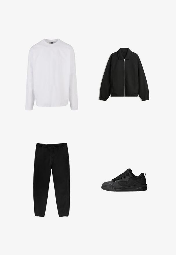Sort jakke lavet af struktureret stof, med fuld frontlynlås, krave og elastiske mansjetter, i en afslappet pasform og sidelommer.; Langærmet hvid bomulds T-shirt med rund hals, afslappet pasform og ingen synlige mønstre eller accenter. Glat tekstur.; Sorte elastiske bukser med snøre i taljen, tapered ben, sidelommer og subtile side-syning detaljer. Blød bomuldsstof struktur.; Sorte sneakers med en struktureret overdel, som har snørebånd, meshdetaljer for åndbarhed, polstret krave og en robust ydersål.