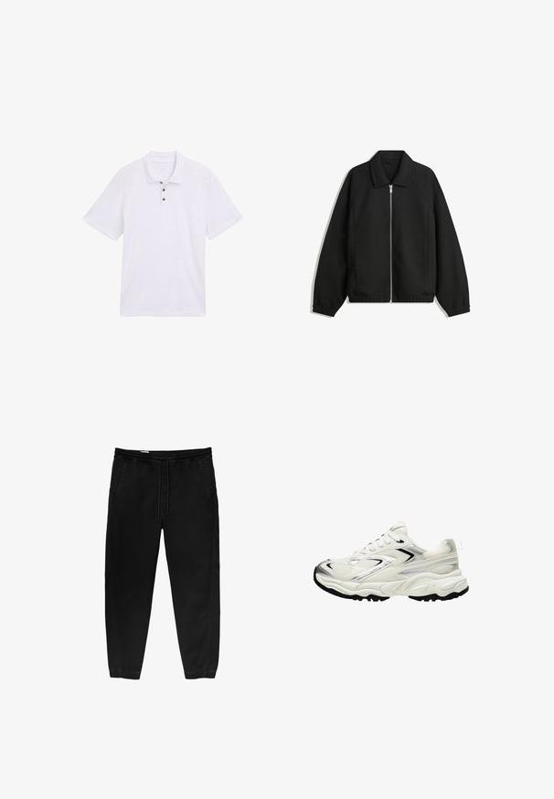 Svart jacka i strukturerad tyg, med full dragkedja framtill, krage och elastiska muddar, med en avslappnad passform och sidofickor.; Vit kortärmad pikétröja i bomull. Har en klassisk krage och tre mörka knappar vid knäppningen, slät textur.; Svarta byxor med elastisk midja och dragsko, avsmalnande ben, sidofickor och subtila sidsömsdetaljer. Mjuk bomullstyg.; Vit sneakers med ett mesh-övre, silverdetaljer, svart sula och texturerade paneler. Har snörningsdesign och rund tåform.