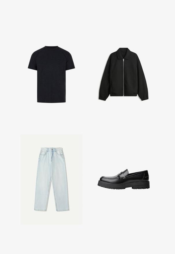 Schwarze Jacke aus strukturiertem Stoff, mit vollem Reißverschluss auf der Vorderseite, Kragen und elastischen Manschetten, im entspannten Schnitt und mit seitlichen Taschen.; Schwarzes Crew-Neck T-Shirt aus glattem Stoff. Verfügt über kurze Raglanärmel und ein dezentes, geprägtes Logo im Bereich der vorderen Brust.; Helle blaue Denim-Jeans mit lässiger Passform, geradem Beindesign, Fünf-Taschen-Stil und dezentem Verblassen des Stoffes.; Schwarzer Lederloafer mit grobem, rutschfestem Sohlenprofil und dekorativem Riemen über der Oberseite, seitlich links auf weißem Hintergrund abgebildet.