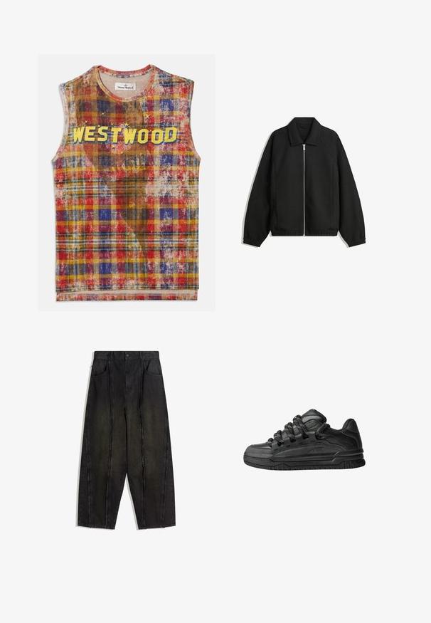 Czarna kurtka z teksturowanej tkaniny, z pełnym zamkiem z przodu, kołnierzem i elastycznymi mankietami, o luźnym kroju i kieszeniach po bokach.; Bez rękawów top w kratę w odcieniach czerwieni, niebieskiego, żółtego i brązowego, z napisem "WESTWOOD" w pogrubionych żółtych literach na klatce piersiowej, ozdobionym gwiazdkami.; Czarne szerokie spodnie dżinsowe z widocznymi szwami i postrzępionymi krawędziami, z dwoma przednimi kieszeniami i wysokim stanem.; Czarne sneakersy z gładką skórzaną cholewką, teksturowanymi akcentami i okrągłymi czarno-białymi sznurowadłami. Gruba gumowa podeszwa z wzorzystym bieżnikiem.
