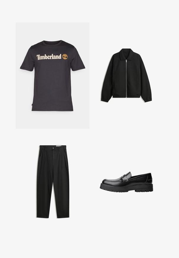 Fekete kabát texturált anyagból, teljes elöl cipzárral, gallérral és rugalmas mandzsettákkal, laza szabással és oldalsó zsebekkel.; Fekete pamut póló, krémszínű "Timberland" logóval és fa emblémával az elején. Rövid ujjú és kereknyakú kialakítás.; Fekete pamut nadrág laza szabással, klasszikus derékrésszel, elülső hajtásokkal és oldalsó zsebekkel. Simább textúra minta nélkül.; Fekete bőr loaferek vastag, bordázott talppal és díszcsíkkal az upper rész felett, bal oldali profilmódban, fehér háttér előtt.