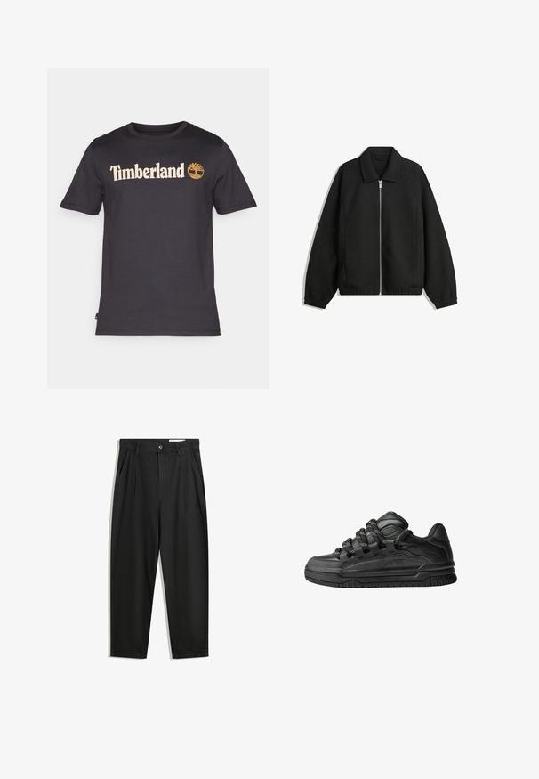 Černá bunda vyrobená z texturované látky, s plným předním zipem, límcem a elastickými manžetami, s volným střihem a bočními kapsami.; Černé bavlněné tričko s krémovým logem "Timberland" a emblémem stromu na přední straně. Krátké rukávy a kulatý výstřih.; Černé bavlněné kalhoty s uvolněným střihem, klasickým pasem, předními záhyby a bočními kapsami. Hladká textura bez vzorů.; Černé tenisky s hladkým koženým svrškem, texturovanými akcenty a kulatými černobílými tkaničkami. Silná gumová podrážka s vzorovaným dezénem.