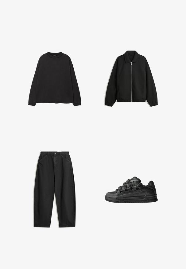 Črna jakna iz teksturirane tkanine, z dvostranskim zadrgo spredaj, ovratnikom in elastičnimi manšeti, sproščenega kroja in stranskimi žepi.; Črna potetna majica z dolgimi rokavi, izdelana iz mehkega bombaža. Ima okroglo izrez, spuščene ramena ter rebraste manšete in rob. Gladka tekstura.; Črne široke hlače iz bombaža, ki imajo visok pas, sprednje žepke in diskretne šive. Gladka tekstura brez vzorcev.; Črne superge z gladkim usnjenim zgornjim delom, teksturiranimi detajli in okroglimi črnimi ter belimi vezalkami. Debel gumijast podplat z vzorčastim profilom.