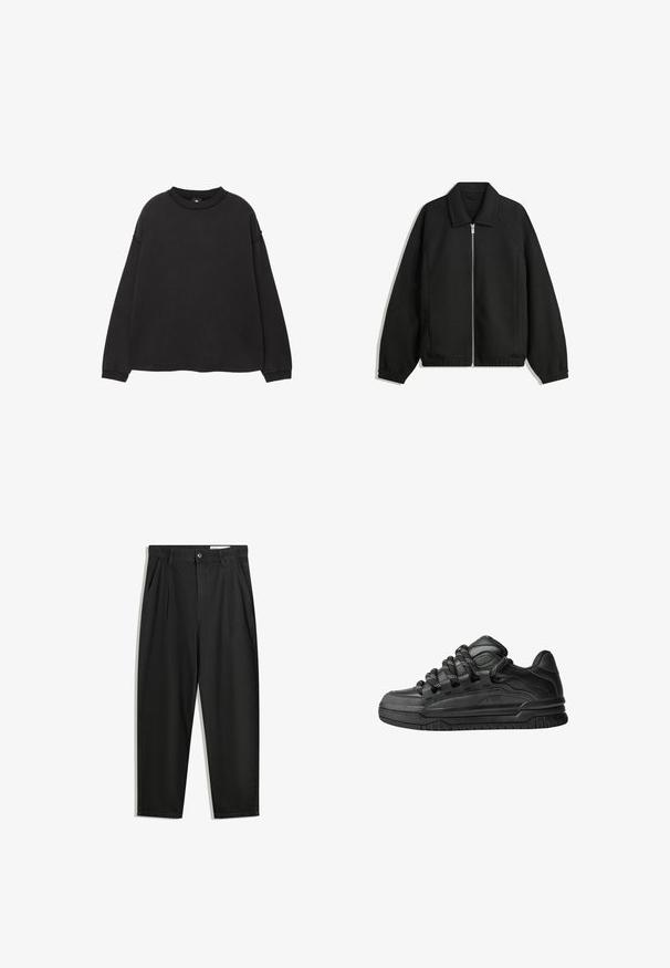 Czarna kurtka z teksturowanej tkaniny, z pełnym zamkiem z przodu, kołnierzem i elastycznymi mankietami, o luźnym kroju i kieszeniach po bokach.; Czarny długi rękaw dresowy, wykonany z miękkiej bawełny. Posiada okrągły dekolt, opadające ramiona oraz ściągacze przy mankietach i u dołu. Gładka faktura.; Czarne bawełniane spodnie o luźnym kroju, z klasycznym pasem, przednimi plisy oraz bocznymi kieszeniami. Gładka struktura, bez wzorów.; Czarne sneakersy z gładką skórzaną cholewką, teksturowanymi akcentami i okrągłymi czarno-białymi sznurowadłami. Gruba gumowa podeszwa z wzorzystym bieżnikiem.