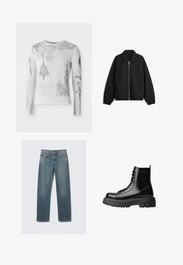 Černá bunda vyrobená z texturované látky, s plným předním zipem, límcem a elastickými manžetami, s volným střihem a bočními kapsami.; Bílá košile s dlouhými rukávy a černými skicami gotické architektury, lustru, holubice, svíček, meče a kurzívou napsaným textem "Heavens Best".; Modré džíny rovného střihu s předními a mincovními kapsami, poutky na opasek a kovovým zapínáním na pozadí bez vzoru.; Černé kotníkové boty z hladké kůže s robustní podrážkou, kulatou špičkou a předním zavazováním na tkaničky. Mají poutko na zadní straně a hladký povrch.