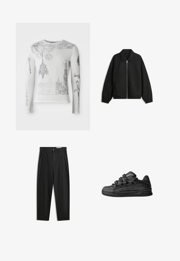 Fekete kabát texturált anyagból, teljes elöl cipzárral, gallérral és rugalmas mandzsettákkal, laza szabással és oldalsó zsebekkel.; Fehér, hosszú ujjú ing fekete, gótikus építészeti rajzokkal, csillárral, galambbal, gyertyákkal, karddal és ívelt "Heavens Best" felirattal.; Fekete pamut nadrág laza szabással, klasszikus derékrésszel, elülső hajtásokkal és oldalsó zsebekkel. Simább textúra minta nélkül.; Fekete sportcipők sima bőrből készült felső résszel, struktúrált kiegészítőkkel, valamint kerek fekete és fehér fűzőkkel. Vastag gumitalp mintázott bordázattal.