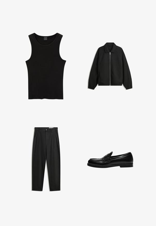 Fekete kabát texturált anyagból, teljes elöl cipzárral, gallérral és rugalmas mandzsettákkal, laza szabással és oldalsó zsebekkel.; Fekete bordázott ujjatlan felső kerek nyakkivágással és széles karmegnyitókkal, puha, rugalmas anyagból készült. Címke: Pull&Bear.; Fekete pamut nadrág laza szabással, klasszikus derékrésszel, elülső hajtásokkal és oldalsó zsebekkel. Simább textúra minta nélkül.; Fekete bőr loafer sima felülettel, a vamp-on varrási részlettel és alacsony, szilárd fekete gumitalppal.
