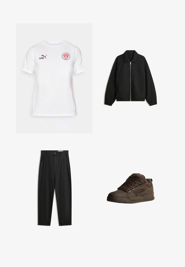 Czarna kurtka z teksturowanej tkaniny, z pełnym zamkiem z przodu, kołnierzem i elastycznymi mankietami, o luźnym kroju i kieszeniach po bokach.; Biała koszulka z krótkim rękawem, wykonana z gładkiego materiału, z okrągłym czerwono-czarnym logo na piersi oraz brązowym oznaczeniem PUMA i KING.; Czarne bawełniane spodnie o luźnym kroju, z klasycznym pasem, przednimi plisy oraz bocznymi kieszeniami. Gładka struktura, bez wzorów.; Brązowe buty sportowe wykonane z gładkiego materiału syntetycznego. Oferują grube sznurówki, siateczkowe akcenty, wyściełany kołnierz oraz teksturowaną gumową podeszwę.