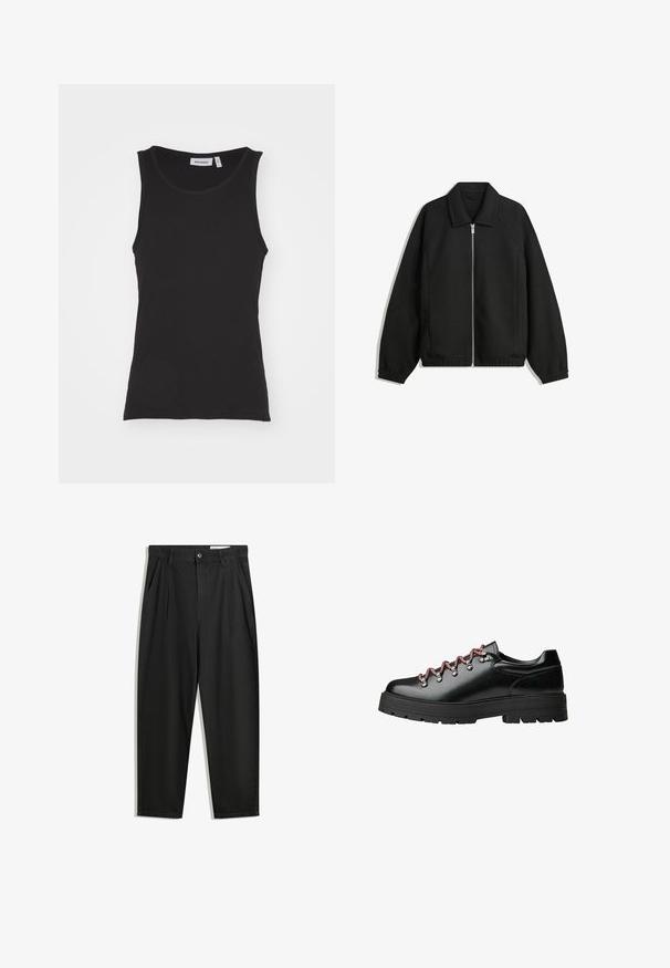 Fekete kabát texturált anyagból, teljes elöl cipzárral, gallérral és rugalmas mandzsettákkal, laza szabással és oldalsó zsebekkel.; Fekete ujjatlan póló, pamutból készült, kerek nyakkal, bordázott textúrával és egyenes hemvéggel. A címke szerint "WEEKDAY."; Fekete pamut nadrág laza szabással, klasszikus derékrésszel, elülső hajtásokkal és oldalsó zsebekkel. Simább textúra minta nélkül.; Fekete bőrből készült túracipő, piros és fehér cipőfűzőkkel, nagy fűzőlyukakkal és masszív barázdált talppal a tapadásért és stabilitásért.