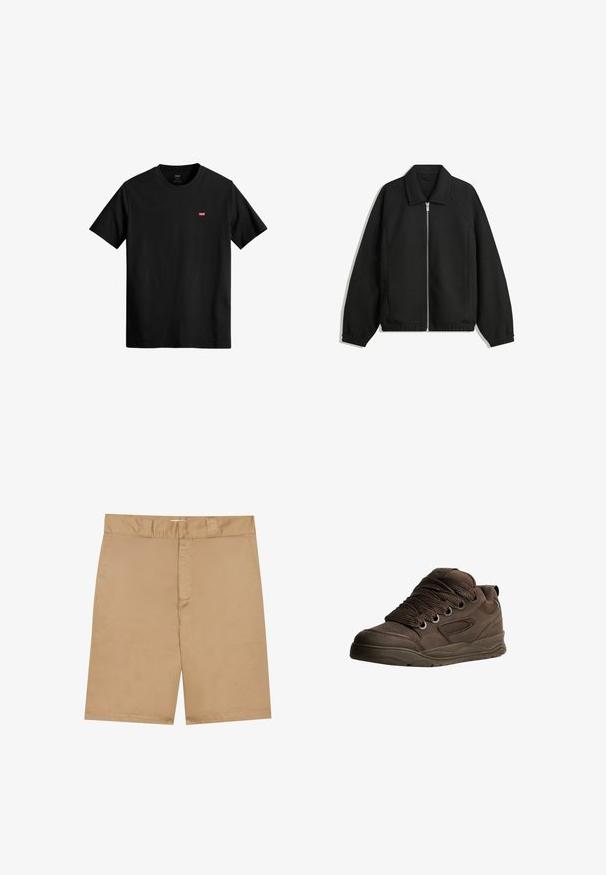 Zwarte jas van textuurstof, met een volledige rits aan de voorkant, een kraag, elastische manchetten, een ontspannen pasvorm en zijzakken.; Zwarte katoenen t-shirt met een ronde hals, korte mouwen en een klein rood Levi's-logo op de linkerkant van de borst. Lichtgewicht en eenvoudig ontwerp.; Khaki korte broek met een platte tailleband, rits aan de voorkant en zijzakken; gemaakt van een gladde, lichte stof met een subtiele textuur.; Bruine sportieve schoenen gemaakt van glad synthetisch materiaal. Bevat dikke veters, mesh-accenten, een gevoerde kraag en een gestructureerde rubberen zool.